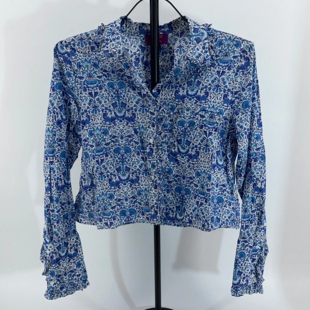 J.Crew Liberty Fabric Floral Cropped Button Up Shirt Blue White XS Ruffle Cuff